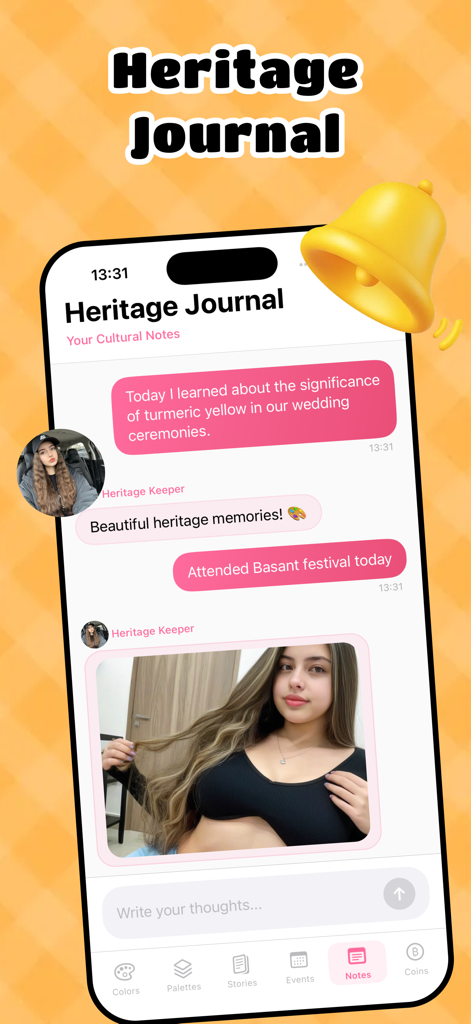 OMeet - Meet People Now & Chat - 文化的なメモとチャット履歴を含む遺産ジャーナルを示すOMeetアプリのインターフェース