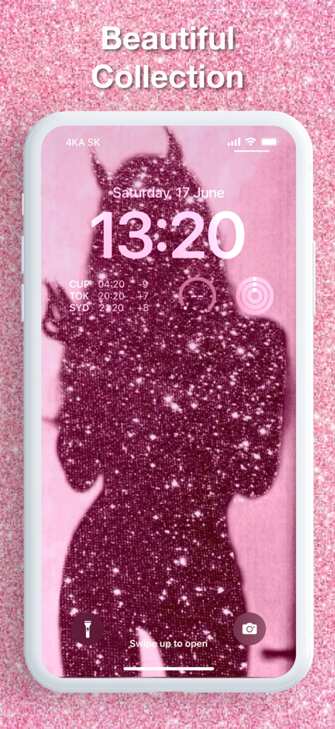 Glitter & Girly Wallpapers 4k - iPhone lock screen featuring a pink glittery girl silhouette wallpaper from the Beautiful Collection