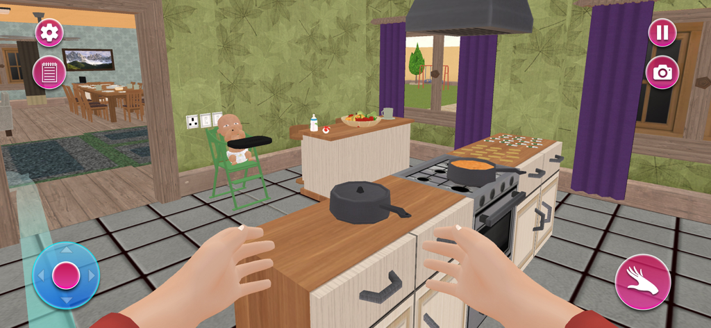 Visão em primeira pessoa de uma simulação de cozinha com um bebê em uma cadeira alta