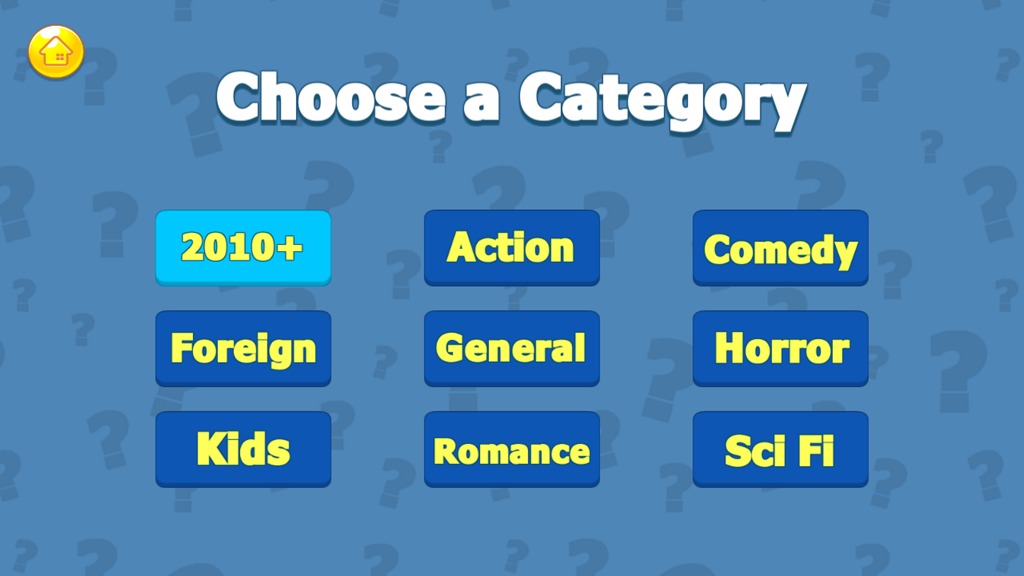 The Movie Trivia Challenge app category selection screen featuring movie genres like Action Comedy and Horror