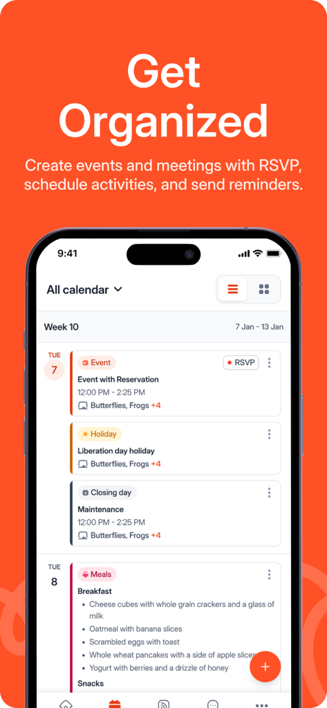 Mobile app interface showing a childcare calendar with daily events, holidays, and meal schedules.