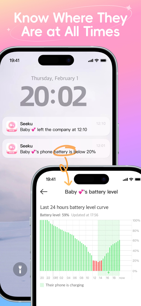 SeekU CPL – Track & Trust - Smartphone display showing SeekU app notifications for partner location alerts and battery level tracking graph.
