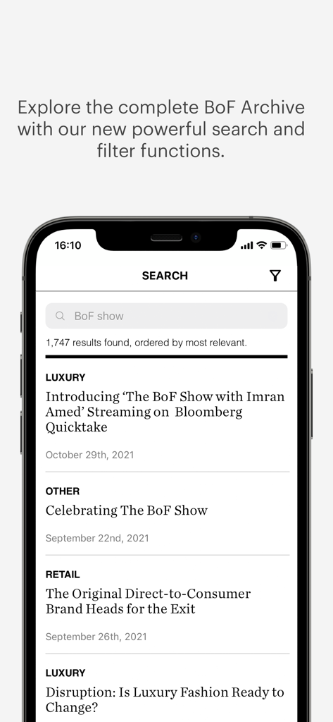 BoF Professional - Interfaz de búsqueda de la aplicación BoF Professional que muestra archivos de noticias de la industria de la moda y opciones de filtrado.