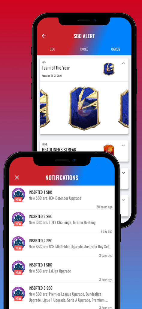 FUT Scoreboard - Track & Alert - FUT Scoreboard app interface showing SBC alerts and notifications for Team of the Year.