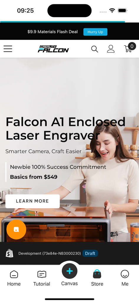 The home screen of the Falcon Design Space app featuring the Falcon A1 enclosed laser engraver.