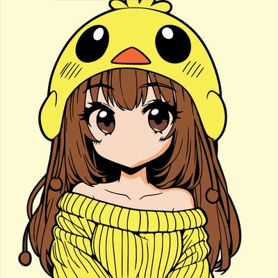 anime girl with chick shaped hat with sweater with bare shoulders with bangs covering them one eye with low tail