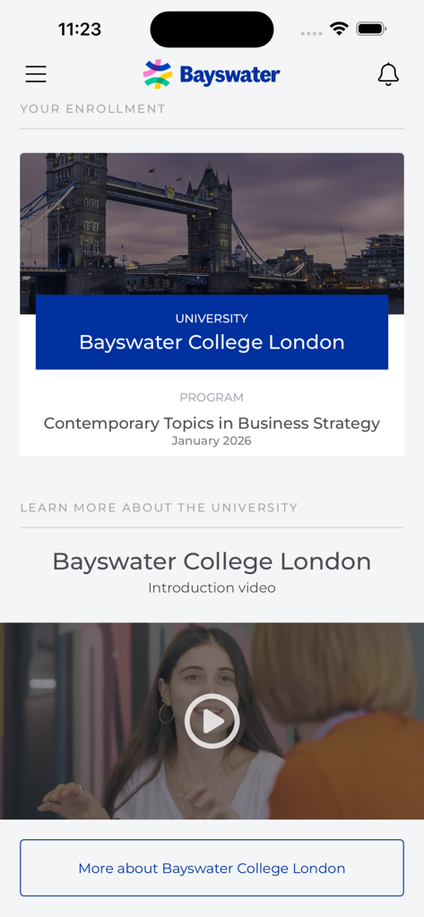 IBS Americas - Tela do aplicativo IBS Americas mostrando detalhes de inscrição e informações do programa para o Bayswater College London.