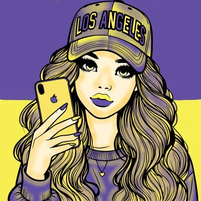 realistic beautiful girl wearing los ángeles cap holding an iphone