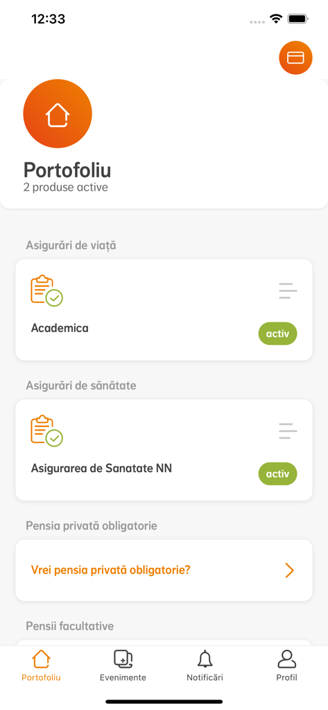 NN Direct mobile app dashboard displaying active life and health insurance policies