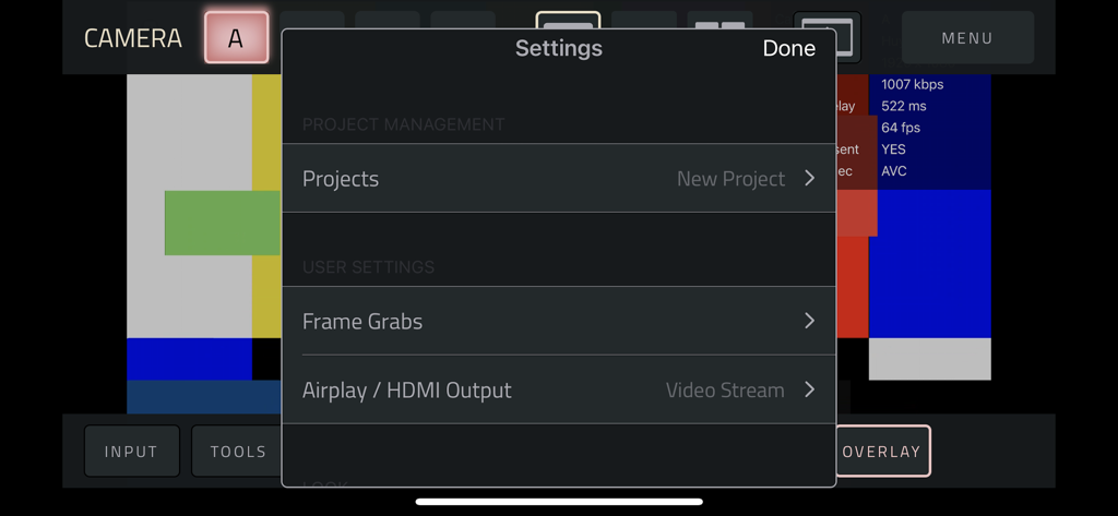 Il menu delle impostazioni dell'app Vuer HDR che visualizza la gestione del progetto e le opzioni di configurazione dell'output video