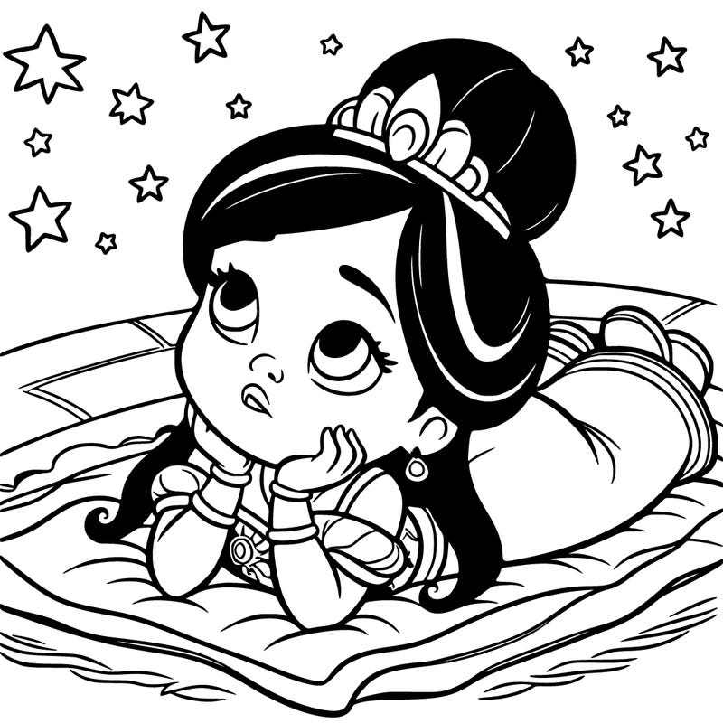 a princess lying on her back on a blanket, looking up at the stars with a dreamy expression.