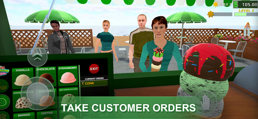 Ice Cream Revolution - Gameplay of Ice Cream Revolution showing a player taking customer orders at a beachside ice cream shop.