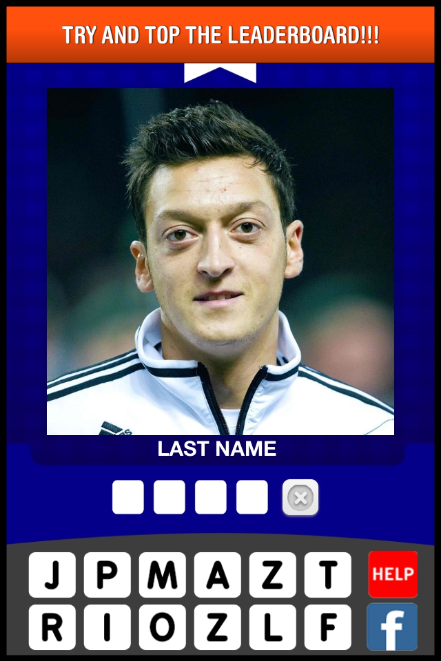 Football player logo team quiz game: guess who's the top new real fame soccer star face pic - Football player quiz game screen showing Mesut Ozil and letters to guess his name