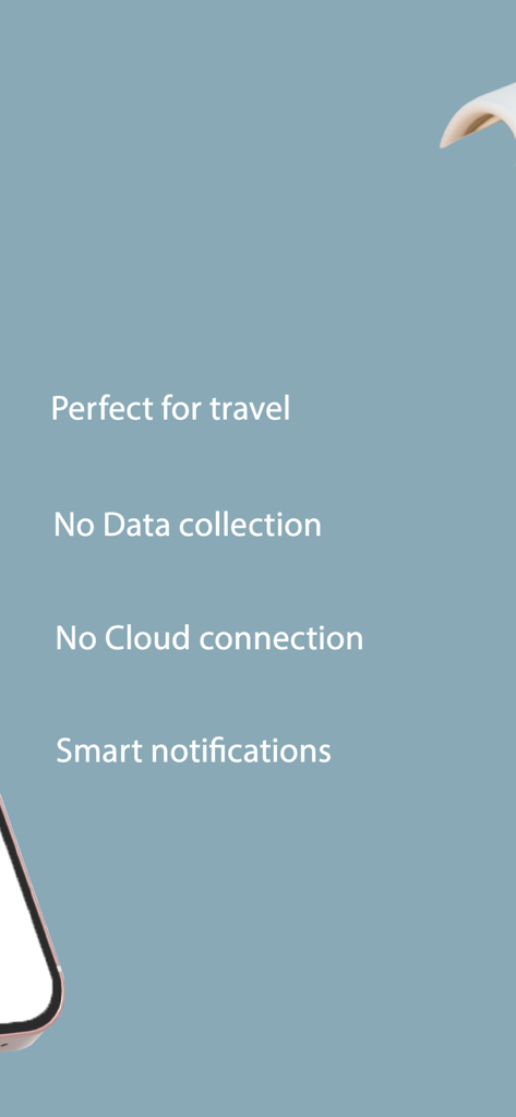 MonitorBaby - Lista de características de MonitorBaby que destacan la preparación para viajes, la privacidad de datos, la ausencia de conexión a la nube y las notificaciones inteligentes.
