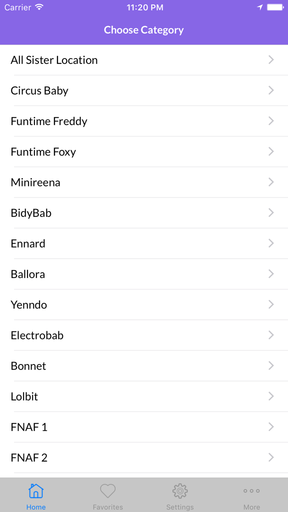 Wallpapers For FNAF's Sister Location - List of wallpaper categories for FNAF Sister Location characters including Circus Baby and Funtime Freddy