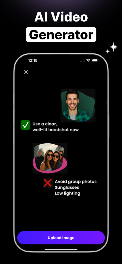 AI Dance Studio : Reelverse - Interface of AI Dance Studio showing guidelines for uploading a clear headshot photo for video generation.