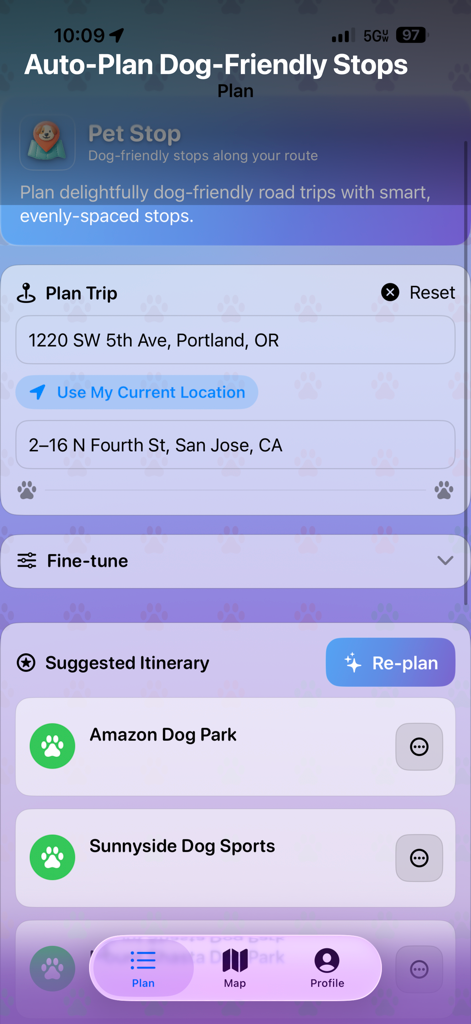 PetStop: Dog Road Trip Planner - PetStop app interface showing a suggested dog friendly road trip plan from Portland to San Jose with dog park stops
