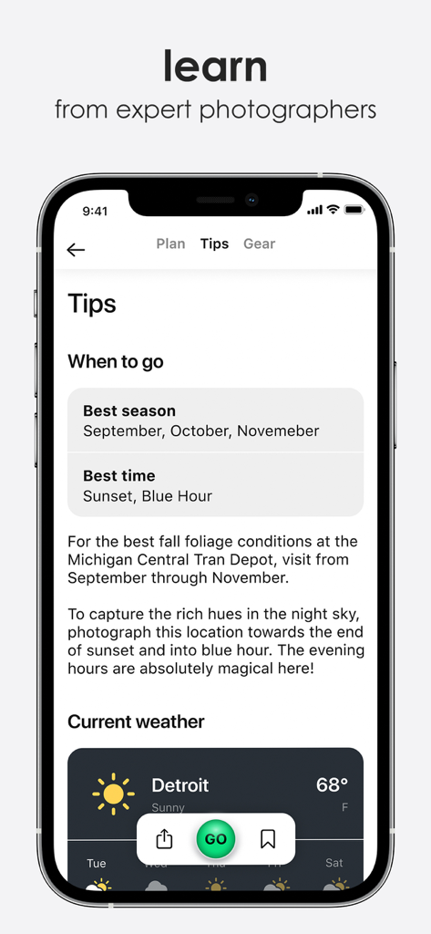 Explorest app screen showing photography tips for Michigan Central Train Depot including best shooting times and local weather.