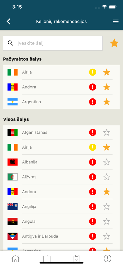 さまざまな国の渡航推奨事項と安全状況を表示するモバイル画面。