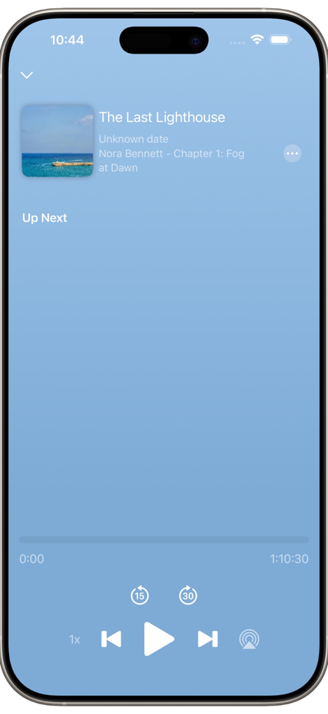 Aucast - mp3 audiobook player - Aucast app now playing screen for an audiobook with playback controls