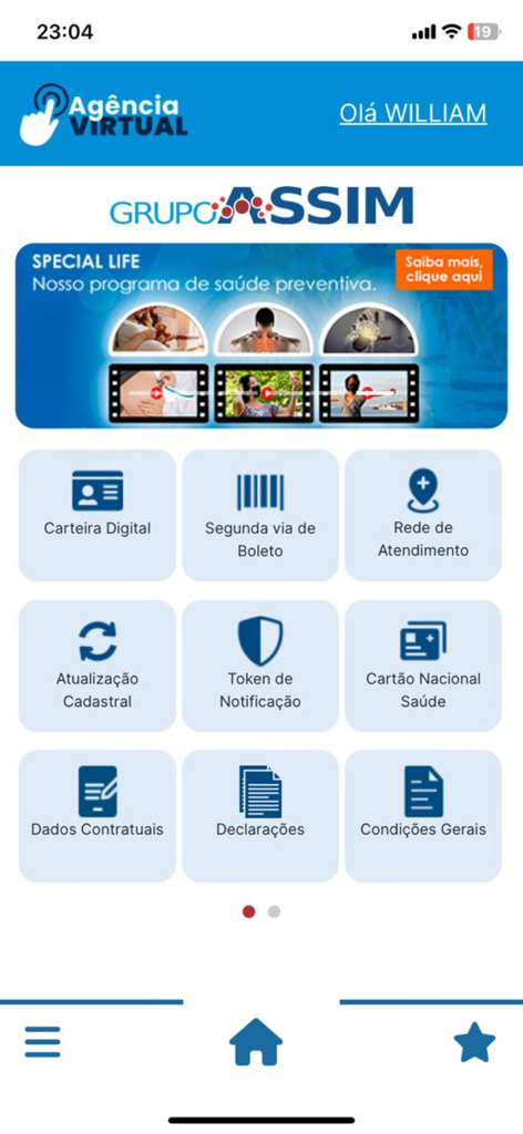 ASSIM SAÚDE - Dashboard of the ASSIM SAUDE app displaying services like digital wallet and provider network