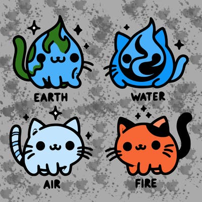4 cats that represent the different elements, earth, water, air, and fire
