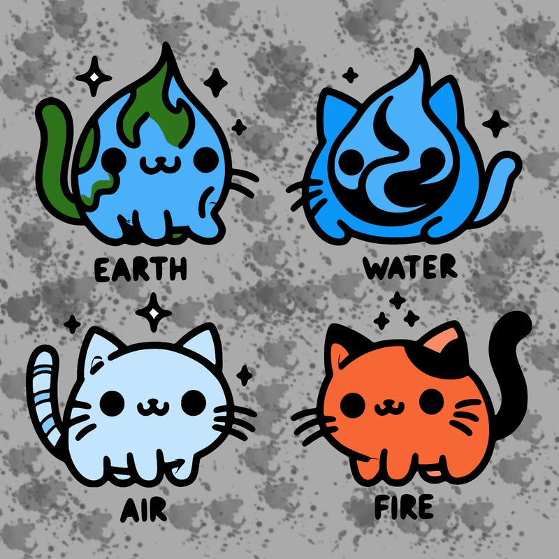 4 cats that represent the different elements, earth, water, air, and fire