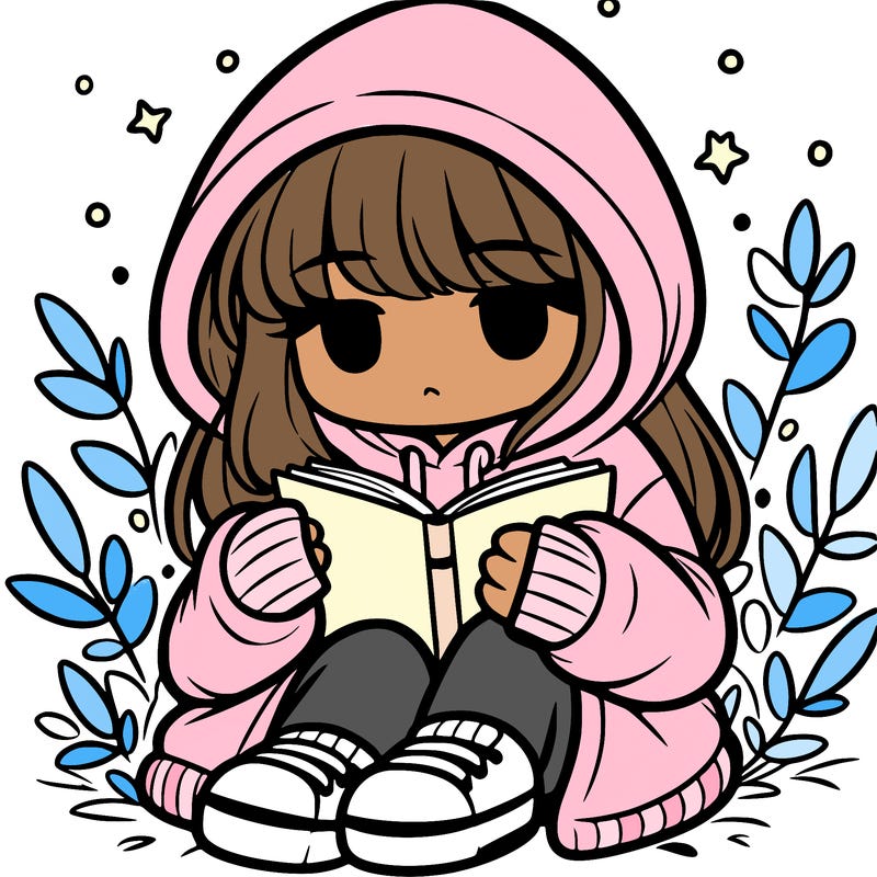 girl in oversized hoodie reading a book