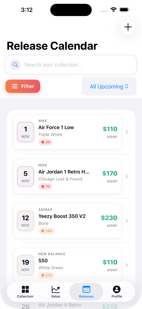 Shoebox - Sneaker Collection - Sneaker release calendar interface showing upcoming shoe drops with brand names dates and MSRP prices