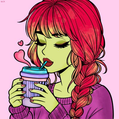 realistic girl drinking coffee