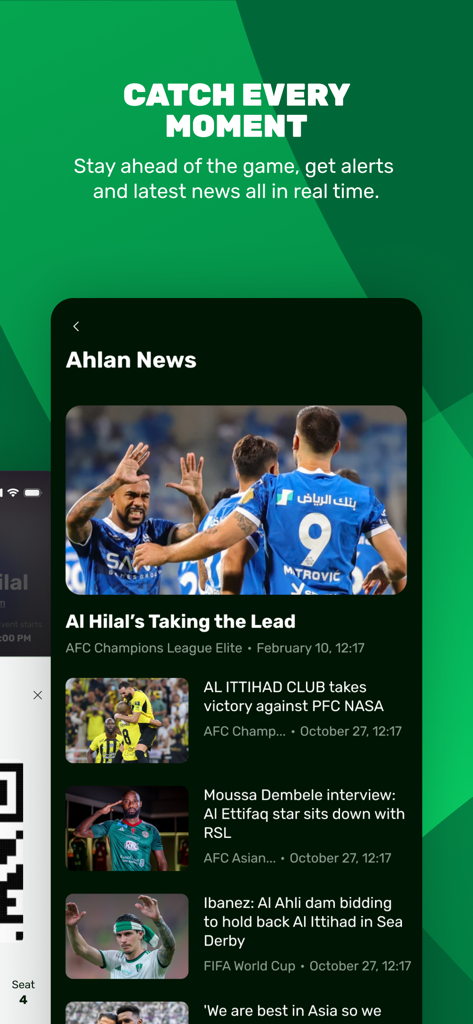 Ahlan | أهلاً - Flux d'actualités sportives dans l'application Ahlan montrant des mises à jour en temps réel et les résultats des matchs de football