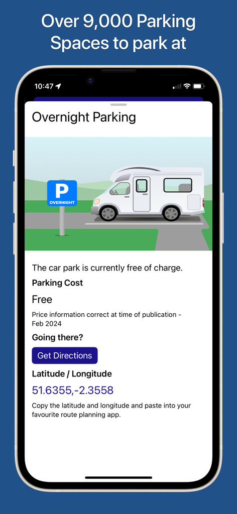 UK Hidden Gems - UK Hidden Gems app displaying overnight parking details and GPS coordinates for a motorhome.