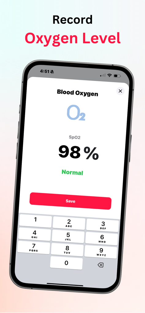 Pulse Tracker - Heart Rate - Interface of Pulse Tracker app showing a ninety eight percent blood oxygen reading and a numeric keypad for manual data entry