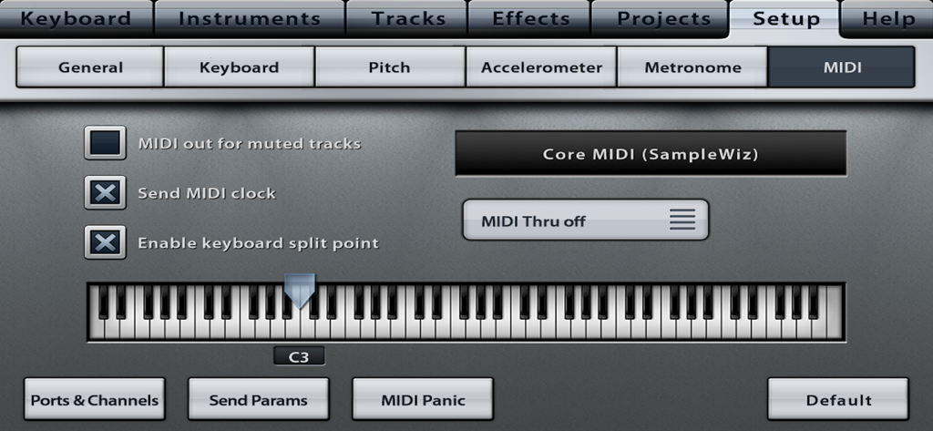 Music Studio Lite - Pantalla de configuración MIDI de la aplicación Music Studio Lite con ajustes de punto de división del teclado