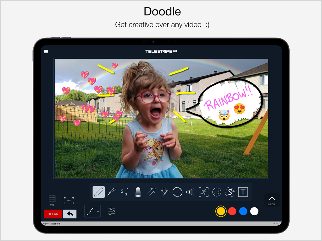 Telestripe - Telestripe iPad app interface showing creative doodles and annotation tools over a video feed.
