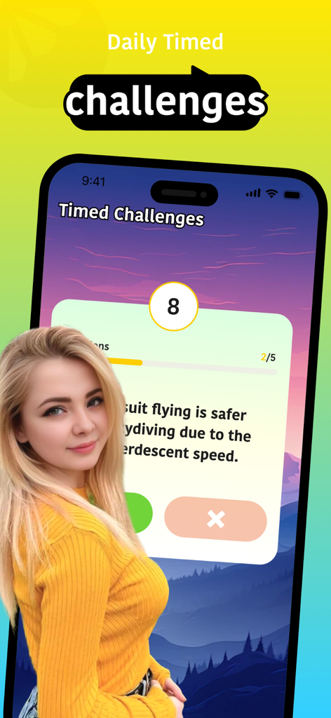 A smartphone display showing the daily timed challenges and wingsuit flying trivia within the Saki app.