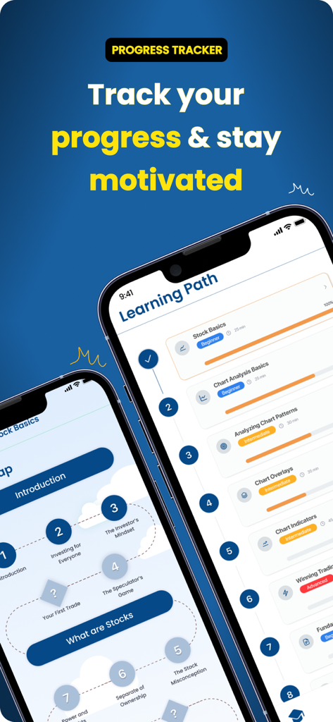 Finademy: Learn Stock Basics - Interfaz de la aplicación Finademy que muestra la ruta de aprendizaje estructurada y el rastreador de progreso de lecciones para la educación en trading de acciones.