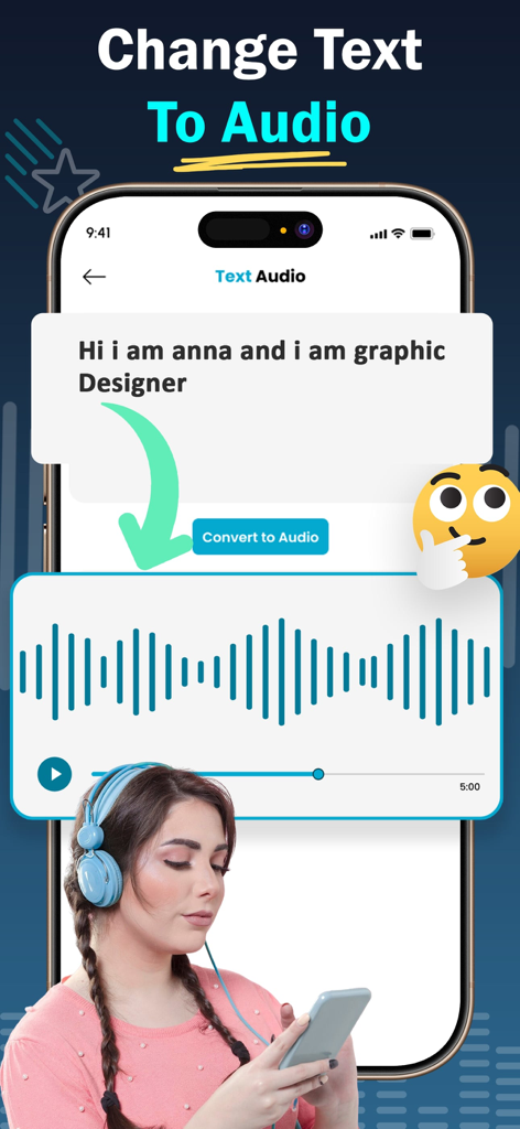 Voice Changer * Sound Effects - Ein Smartphone-Display, das die Text-zu-Audio-Konvertierungsfunktion einer Voice Changer App mit einem Textfeld und einer Audio-Wellenform anzeigt.