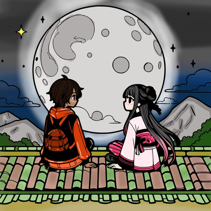an anime girl sitting on a roof with her best friend looking at the beautiful big moon