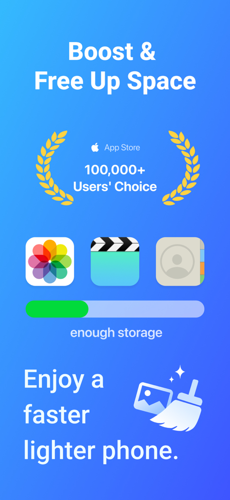 CleanlyAI app promotional screen showing storage boosting and photo cleanup features with 100,000 users badge