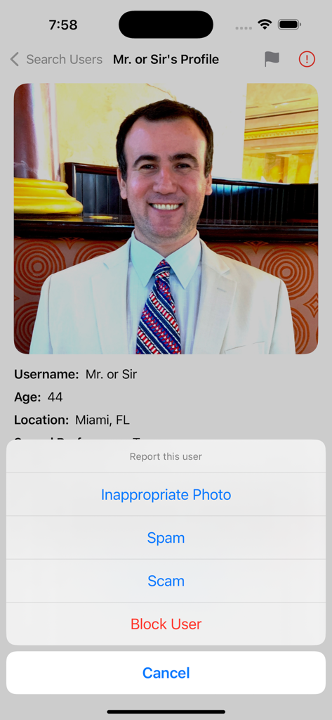 Gay Bear Chat - A user profile view in the Gay Bear Chat app showing an open reporting and blocking menu with options for spam, scams, and inappropriate content.