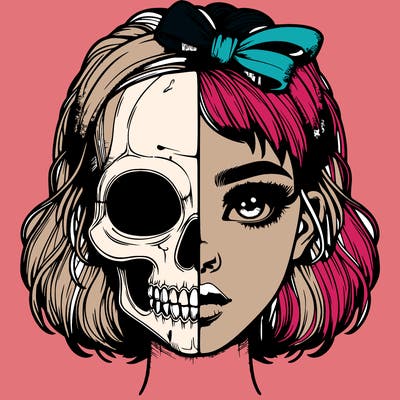 realistic girl with half skull mask
