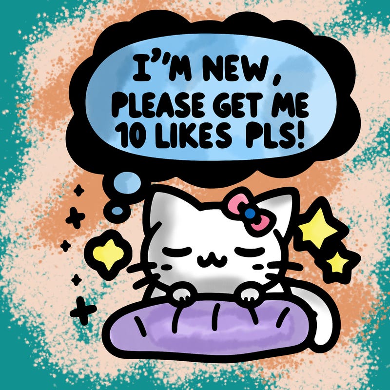 kitty taking a nap dream talking and saying "i'm new, please get me at least 10 likes pls!!"