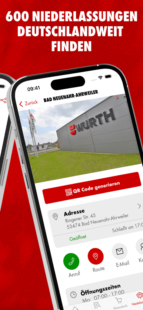 Wuerth app screen showing branch locator with address opening hours and contact buttons for a store in Germany