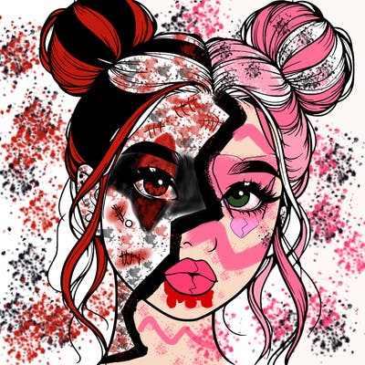 realistic girl with two buns on her hair and lips