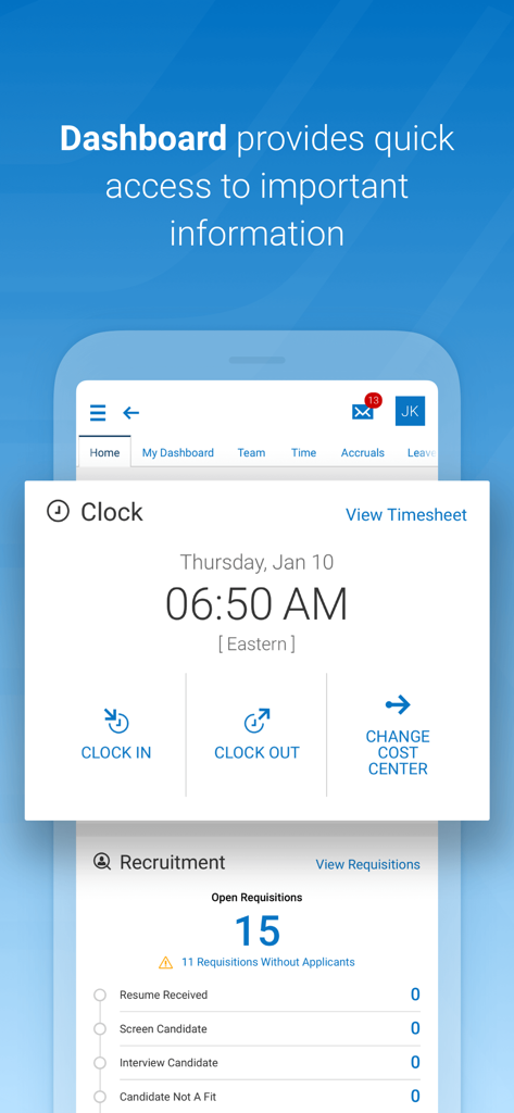 Painel do aplicativo móvel HCMToGo mostrando métricas de ponto eletrônico e recrutamento.