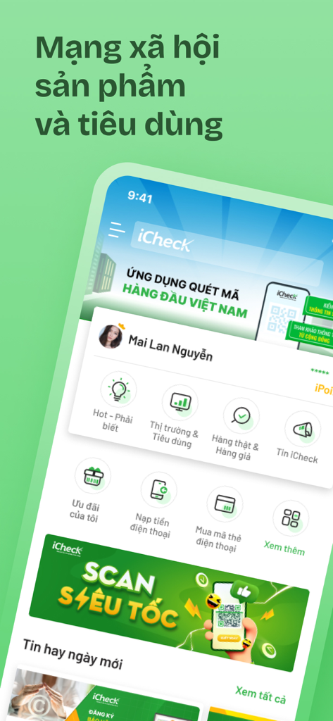 iCheck Scan app interface showing product scanning features and consumer social network dashboard
