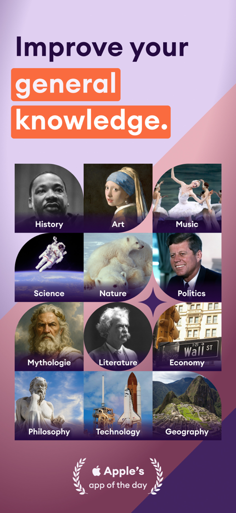 Una colección de categorías educativas en la aplicación Yuno que incluyen Historia, Arte, Ciencia y Política.