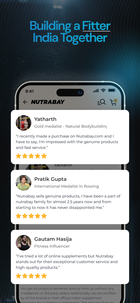 Customer testimonials and reviews from athletes and influencers on the Nutrabay fitness app