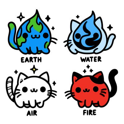 4 cats that represent the different elements, earth, water, air, and fire